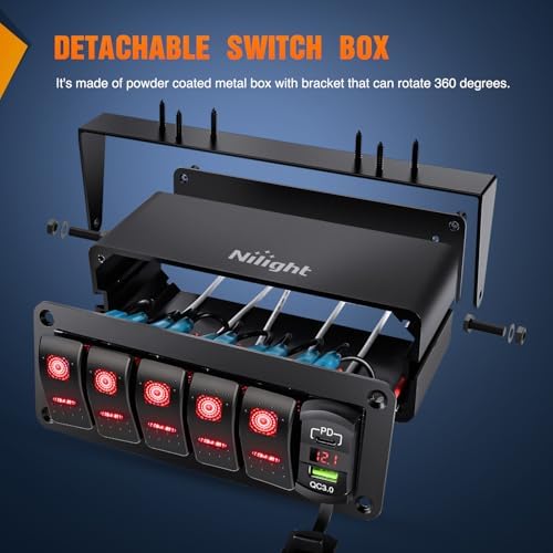 Nilight 5 Gang Rocker Switch Box w/Voltmeter PD Type C and USB Socket