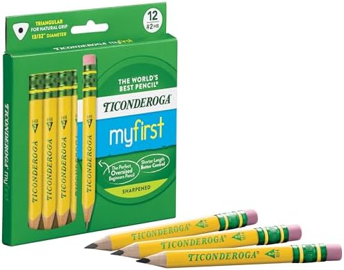 Ticonderoga My First Short Triangular Wood-Cased Pencils, #2 HB Soft | With Erasers, Yellow, 12 Count, Standard Size, High Quality Eraser