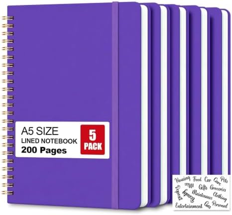 5 Pack Hardcover Spiral Notebooks, 8.3" x 6.3" Lined Journal Set, 100 GSM Bleed-Resistant Paper, 200 Pages Twin-Wire Bound Notebook with Elastic Band & Category Stickers for Office, School