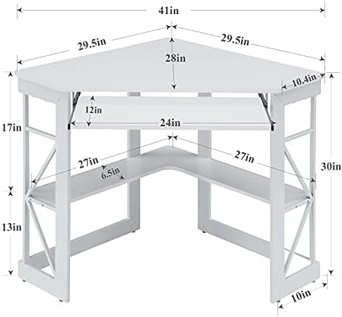 VECELO Corner Desk Computer Desk Writing Table with Smooth Keyboard Tray & Storage Shelves,Compact Home Office Triangle Table,White