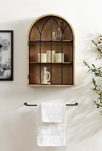 Kate and Laurel Megara Decorative Wooden Hanging Arched Wall Cabinet with Door for Open Storage; 16 x 5 x 24; Natural Wood and Black; Wooden Floating Wall Bathroom Cabinet for Above Toilet Storage