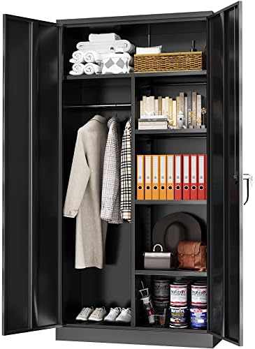 Greenvelly Metal Storage Wardrobe with 2 Doors, Black 72” Steel Storage Wardrobe Cabinet, Employees Locker Closet Clothing Coat Steel Wardrobe Cabinet with Hanging Rod for Garage, Gym, Home Office