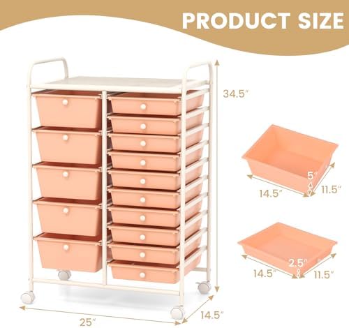COSTWAY 15 Drawer Rolling Storage Cart, Mobile Utility Cart with Lockable Wheels, Drawers, Multipurpose Organizer Cart for Home, Office, School, Peach