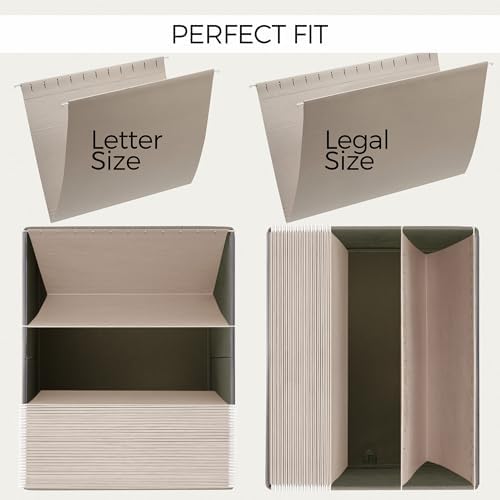 Decorative File Organizer Box Set of 2 - Collapsible Linen Filing Cabinets | Stores Documents and Hanging File Folders - Portable Office Crates with Lid and Handles for Easy Slide Access