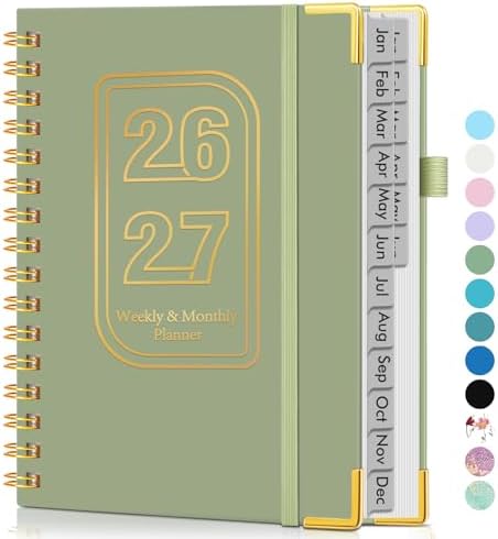Academic Planner 2026-2027, Weekly and Monthly Hardcover Planner, July 2026 - June 2027, 5.75" x 8.38" A5 Large Daily Calendar Planner Book with Tabs, Spiral Yearly Agenda Organizer Notebook for School Work Home, Green
