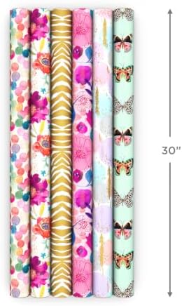 Hallmark Wrapping Paper Rolls for Birthday, Bridal Shower, Baby Shower, Gift Wrap Paper (Set of 6 Rolls: 180 sq. ft. ttl.) Butterflies, Gold Animal Print, Pink Flowers for All Occasions