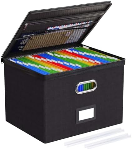 Oterri File Box Large 1-Pack Hanging Organizer for Letter/Legal-Size Folder | Dustproof Lid. 3 Mesh Pockets. Collapsible Scratch-Resistant GRS Linen. Slide Rails. Office, Home, Dorm