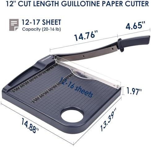 12" Paper Cutter, Precision Cut with Safety Protection and Blade Lock, 12 Sheets Capacity, Great for Cardstock, Cardboard, Photo, Vinyl, Crafts, Scrapbook (Grey)