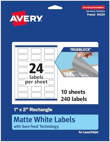 Avery TrueBlock Matte White Rectangle Labels, Sure Feed Technology, 1" x 2", 240 Matte White Labels, Print-to-The-Edge, Laser/Inkjet Printable, Great for Packaging and Product Merchandising