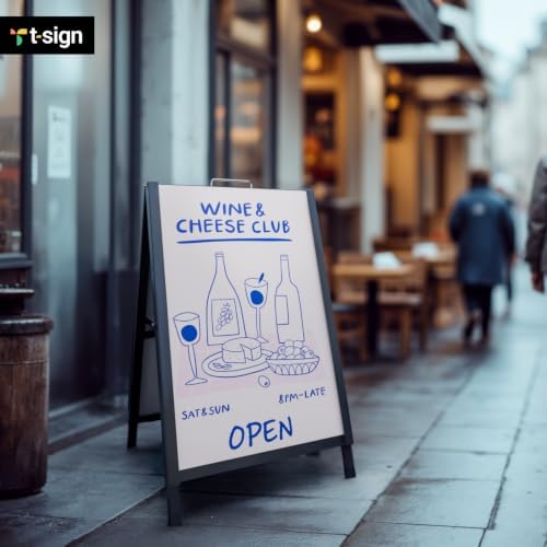 T-SIGN A-Frame Sign for Outdoors, Sidewalk Menu Board 24 X 36 Inch Folding Slide-in Board - Heavy Duty Portable Sandwich Board, Metal Double Sided 2 Corrugated Plastic Poster Boards for Restaurants