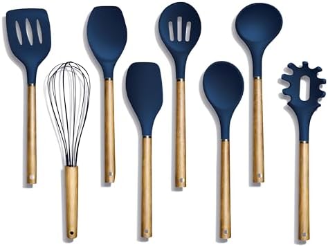 Country Kitchen Non Stick Silicone Utensil Set with Rounded Wood Handles for Cooking and Baking, 8 Piece Set, Navy