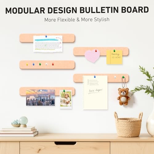 HAUTOCO Felt Bulletin Strips 5 Pack, 13" x 2" Self Adhesive Pin Board with 20 Push Pins, Peel and Stick Memo Board for Photos, Notes & Wall Decor, Dorm Room, Bedroom, Office, Peach Beige