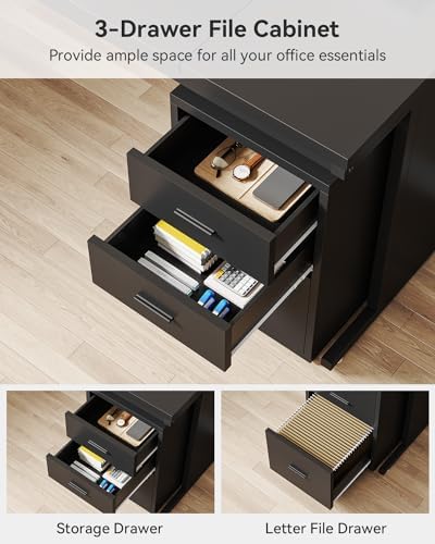 Tribesigns L-Shaped Executive Desk, Large Office Desk with 3-Drawer File Cabinet, Industrial Corner Computer Table with Drawers, Business Workstation for Home Office (Black, 83")