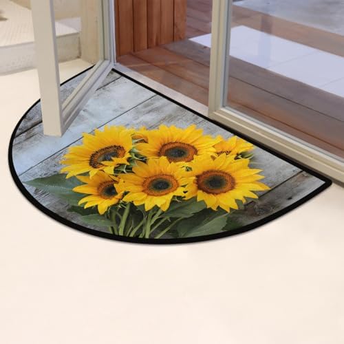 Vintage Sunflower Wood Half Round Door Mat Non Slip Washable Semi Circle Area Rug Absorbent Soft Half Moon Rug Floor Mat for Indoor Outdoor Kitchen Bathroom Patio Front Door Mat Decor