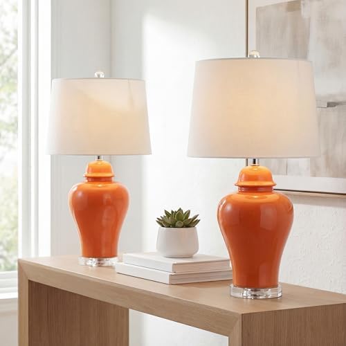 JONATHAN Y Winnie Ceramic Urn LED Table Lamp 27" Bedside, Orange, Set of 2