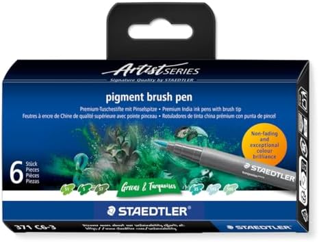 STAEDTLER Pigment Arts Brush Pen, Brush Green & Turquise, Pack of 6 Pens, 371 C6-3