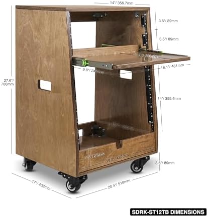 Sound Town DIY Slanted 12U Studio Rack (4U Top + 8U Lower), with 2U Bottom Storage, Slide-Out Tray, Caster, Plywood, Weathered Brown for Recording Room, Home Studio (SDRK-ST12TB)