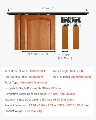 VEVOR Bypass Sliding Door Hardware Kit, 6 ft Aluminum Alloy Dual-Track Bypass Door Hardware, Smooth and Quiet Sliding, Easy to Install, for 1" to 1 3/4" Thickness 36" Width 2 Door System, for Closet