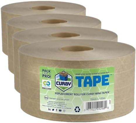 CURBY IPG Water Activated Tape, 2.83" x 100M Refill Single Roll (Pack of 4)