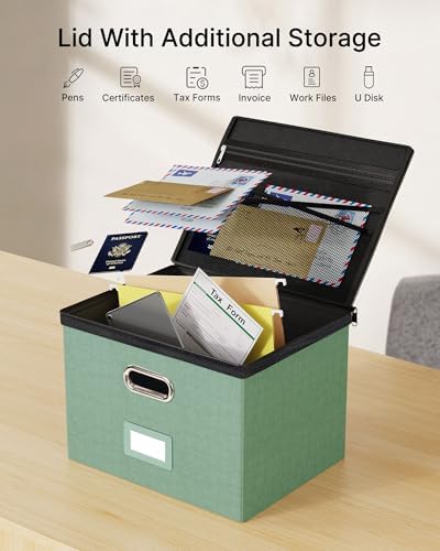 Oterri File Box Large 1-Pack Hanging Organizer for Letter/Legal-Size Folder | Dustproof Lid. 3 Mesh Pockets. Collapsible Scratch-Resistant GRS Linen. Slide Rails. Office, Home, Dorm