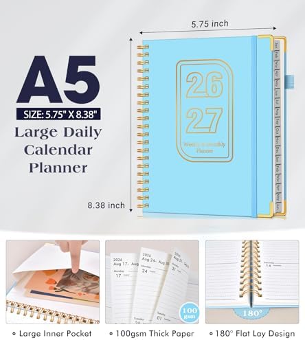 Academic Planner 2026-2027, Weekly and Monthly Hardcover Planner, July 2026 - June 2027, 5.75" x 8.38" A5 Large Daily Calendar Planner Book with Tabs, Spiral Yearly Agenda Organizer Notebook for School Work Home, Sky Blue