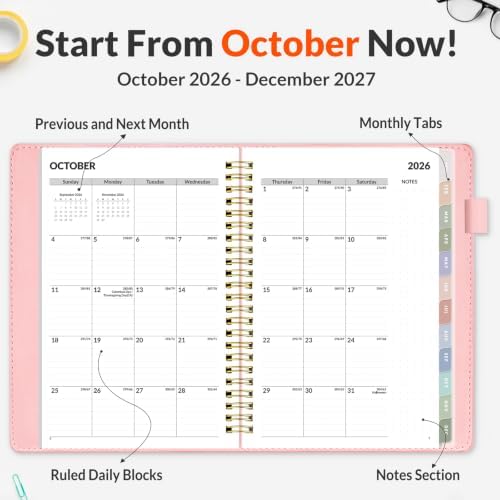 SUNEE 2027 Weekly & Monthly Planner 6.2"x8.5"- 12 Month (January 2027 - December 2027), Vegan Leather Cover, Pocket, Bookmark, Notes, Monthly Tab, Peach Pink
