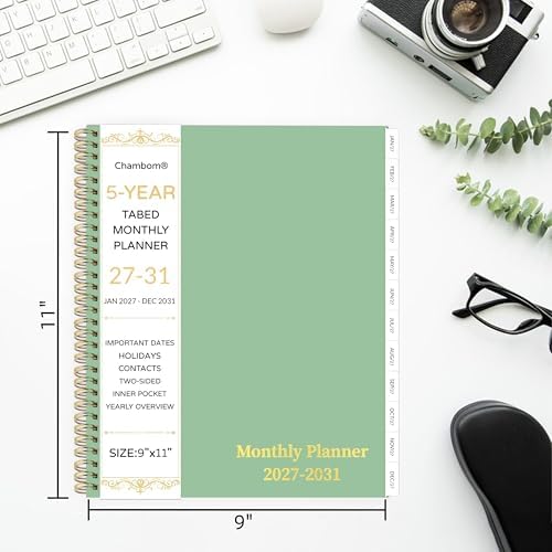 2027-2031 Monthly Planner, 5 Year Monthly Planner/Calendar 2027-2031, 60-Month Jan 2027 – Dec 2031, 9" x 11", Tabs, Double-Side Pocket, Holidays, Thick Paper - Green