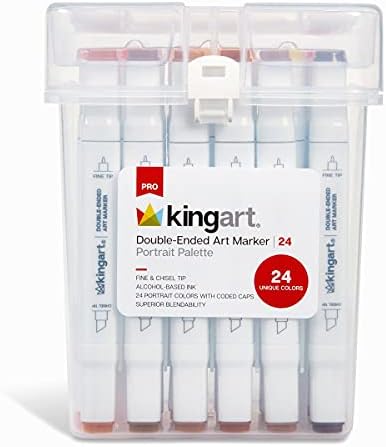 KINGART PRO Double-Ended Alcohol Ink Art Markers, 24 PORTRAIT Colors, Fine Point & Chisel Tips, Permanent with Superior Blendability, Includes Plastic Case, 24 Pc.