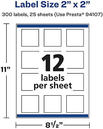 Avery® Matte White Square Labels, Sure Feed® Technology, 2" x 2", 300 Matte White Printable Labels