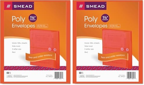 Smead Poly Envelope, 1-1/4" Expansion, String-Tie Closure, Side Load, Letter Size, Red, 5 per Pack (89527) (Pack of 2)