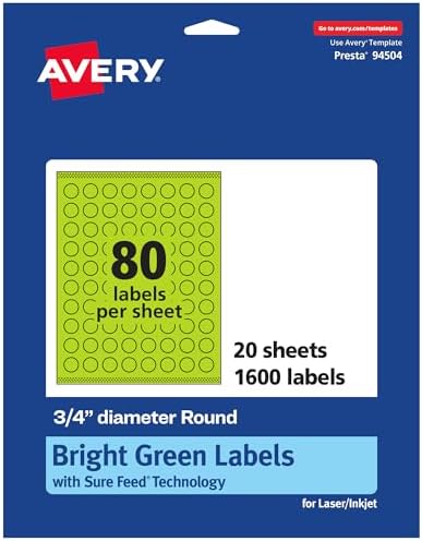 Avery Printable Round Labels, Sure Feed Technology, 3/4" Diameter, Bright Green Labels, Print-to-the-Edge, Laser/Inkjet, 1,600 Total, Great for Price Stickers and Mailing Seals