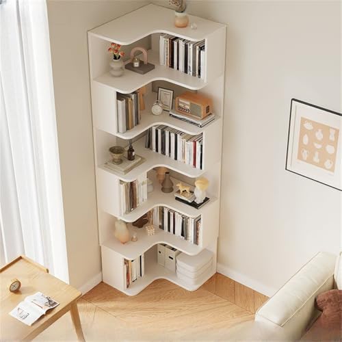 Vertical L-Shape Storage with Open Back 6 Shelves Corner Bookshelf Wood Floor Rack Student Integrated Wall Bookcase Corner Cabinet Multi-Layer Storage Cabinet White 24" L x 24" W x 75" H