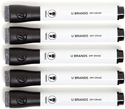 U Brands Black Dry Erase Markers with Eraser, Chisel Tip, 5 Count
