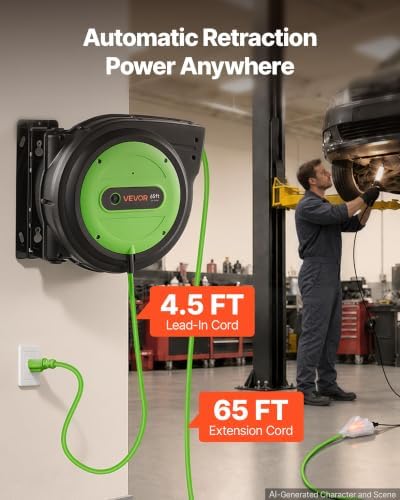 VEVOR Retractable Extension Cord Reel 65FT Heavy Duty 12AWG/3C SJTOW Green