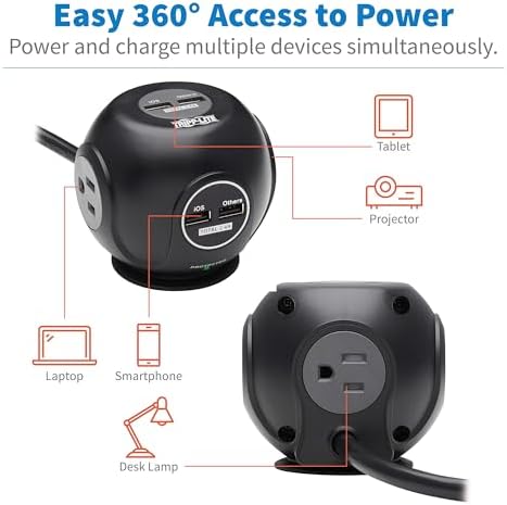 Tripp Lite Surge Protector 3-Outlet Spherical Surge Protector, 4 USB Ports (4.8A Shared) - 6-ft. (1.83 m) Cord, 5-15P Plug, 540 Joules, Black (TLP36USB)
