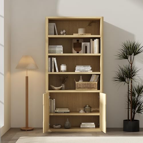 Manhattan Comfort Rivington 79" Inch Tall Modern Bookshelf with Soft Close Doors, Four Open Shelves,Two Adjustable Shelves, Bookcase Display Storage Cabinet for Living Room or Office in Natural Oak