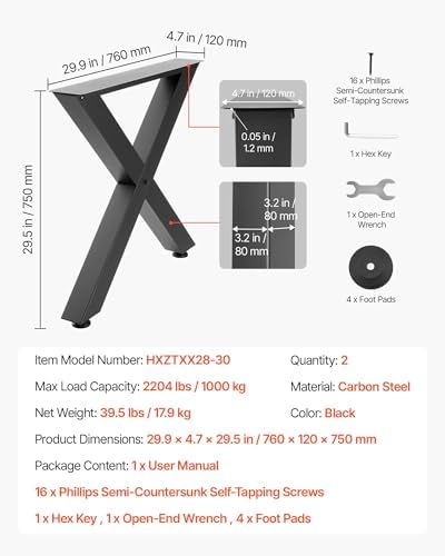 VEVOR Table Legs, 29.5" H x 29.9" W Steel Furniture Legs, Modular Design, Easy Assembly, 2204 lbs Max Load Heavy Duty, for Home Office Desk, Coffee Dinner Bar Tables, Workbench,2 PCS, X Frame, Black