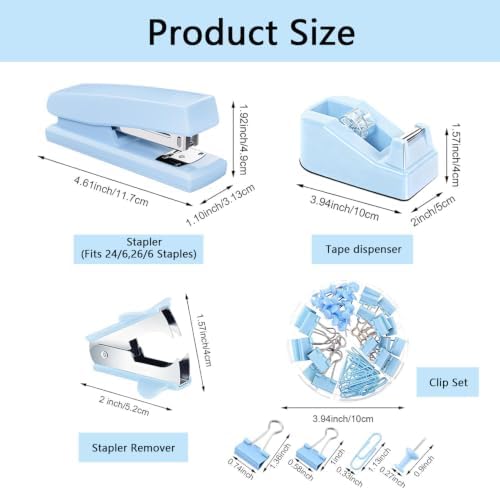 Office Supplies,Blue Desk Accessories,Office Supplies Set,Stapler and Tape Dispenser Set,Scissors,Staple Remover,Binder Clips,Staples,Ballpoint Pen,Index Tabs with Ruler,Clear Tape.9pcs for Office