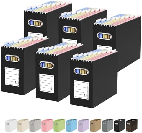 Oterri Portable Collapsible Cardboard File Box with Handle for Letter-Size | 6-Pack. Stainless Steel Handle. Label Stickers Included. Fits Letter Folders (Not Included). Home, Office, School, Dorm, Tax.