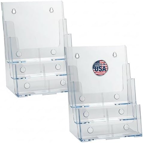 Azar Displays 252378-2PK Brochure Holder 8.5"x11", Acrylic Desk Organizer, Three Tier Document, Magazine & Sign Holder, Wall Mount Desk Accessories (2-Pack)