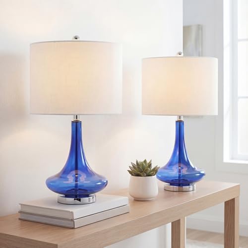 JONATHAN Y Cecile 25.5" Metal Glass Lamp, Cobalt Blue/Chrome, Set of 2