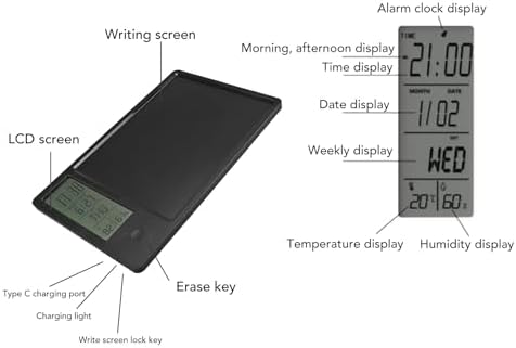 Drawing Tablet, 10 Inch Rechargeable LCD Writing Doodle Board, Digital Clock Calendar with Erasable One Key for Office Business Home (Black)