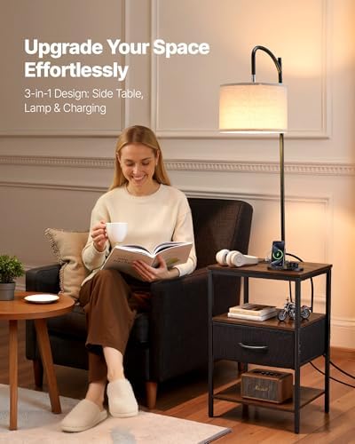 VEVOR Floor Lamp with Table, 3-Tier End Table with Drawer and 3 Color Temperature Lighting, Modern Side Nightstand Bedside Desk with USB & Type C & AC Charging Port for Living Room, Bedroom, Dorm
