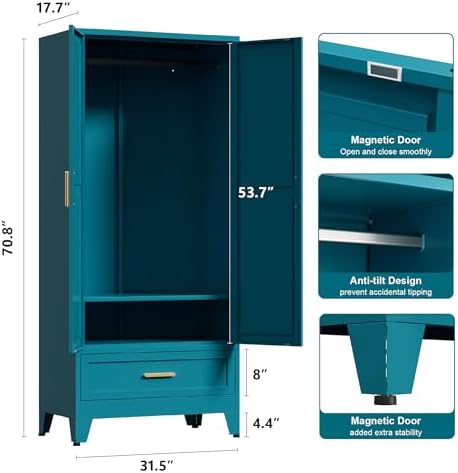 Washsemba 71'' Farmhouse Metal Wardrobe Cabinet with Hanging Rod, 2 Barn Door Wardrobe Closet with Adjustable Shelves,Drawer,for Dining Room,Bedroom,Living Room, Cloak Room,Office (Peacock Blue)