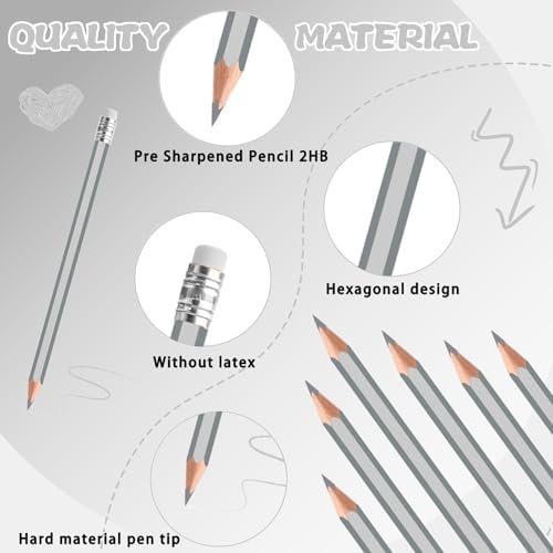 120 PCS Silver Colored Pencils with Eraser Pre Sharpened Pencil 2 HB - Ideal for Checking, Grading, Tests & Office/School Supplies (Silver)
