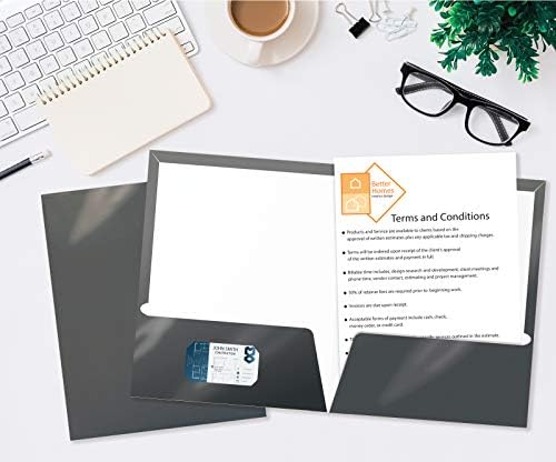 Better Office Products 2 Pocket Glossy Laminated Gray Paper Folders, Box of 25, Letter Size, Gray Paper Portfolios, 25 Pack