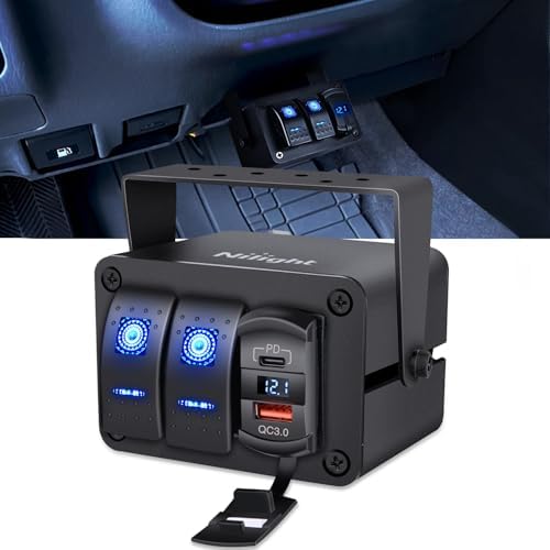 Nilight 2 Gang Rocker Switch Box w/Voltmeter PD Type C and USB Socket