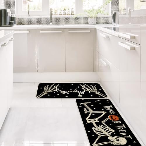 JarThenaAMCS Halloween Kitchen Mats Set of 2, Spooky Skeleton Kitchen Floor Mat Non-Slip Trick or Treat Doormat for Indoor Outdoor Home Party Decor, 17 x 29 & 17 x 47 Inch