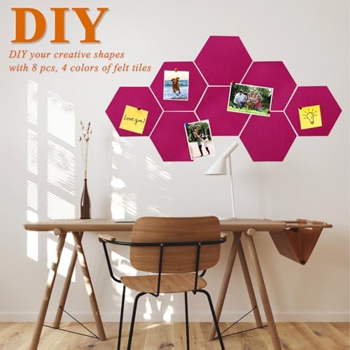 8 Pcs Hexagon Felt Cork Bulletin Board Tiles, Self Adhesive DIY Bulletin Board Pin Board for Office School Home Wall Decor Memos Photos Display(Rose Red)