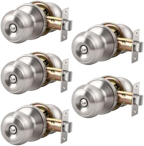 KNOBWELL 5 Pack Privacy Door Knob with Lock in Brushed Nickel Finish for Bedroom and Bathroom, Indoor Security Door Handle with Privacy Lock, Satin Nickel Interior Door Knobs